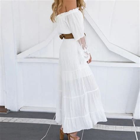 Womenstrapless Long Sleeve Loose Sexy Off Shoulder Lace Boho Cotton Maxi Dress White Summer Long