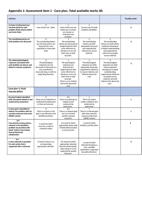 Marking Rubric For Care Plan Appendix 1 Assessment Item 1 Care