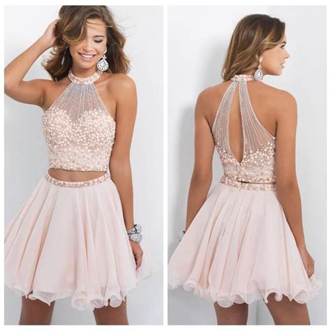 Cheap Blush Two Piece Homecoming Dresses High Neck Open Back Freshman