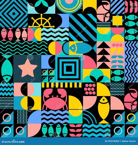 Bauhaus Style Seamless Pattern Of Seafood And Abstract Shapes Figures