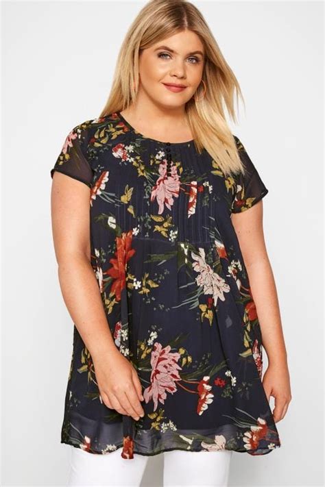 Navy Floral Capped Sleeve Chiffon Blouse Sizes Yours Clothing