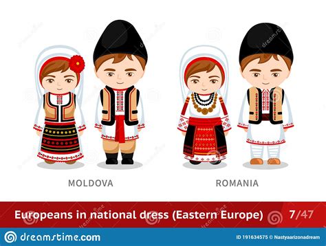 Moldova, Romania. Men and Women in National Dress. Set of European ...