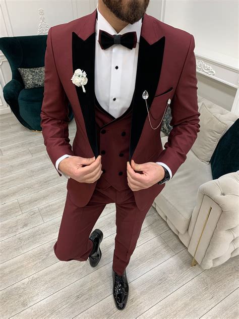 Burgundy Velvet Groom Wedding Suit For Men By