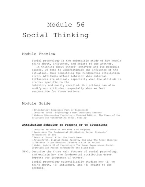 Module Social Thinking Module Preview Social Psychology Is The