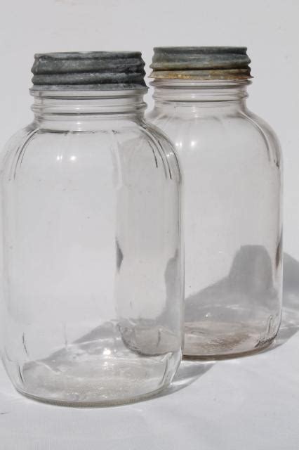 Antique Vintage Glass Jar Lot W Old Zinc Lids Large Food Bottles