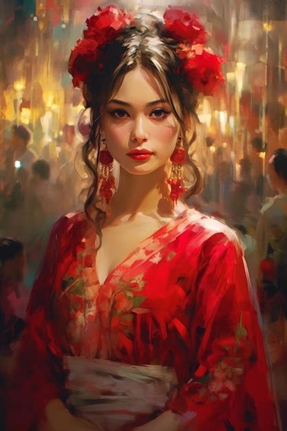 Premium Ai Image A Painting Of A Woman In A Red Dress With Flowers On