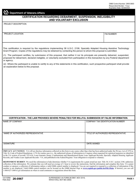 Va Form Certification Regarding Debarment Suspension