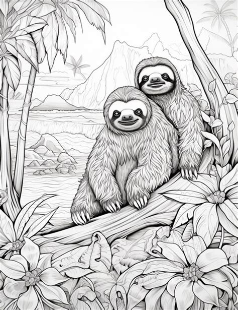 Un Dibujo De Dos Perezosos Sentados En Una Rama En Una Jungla