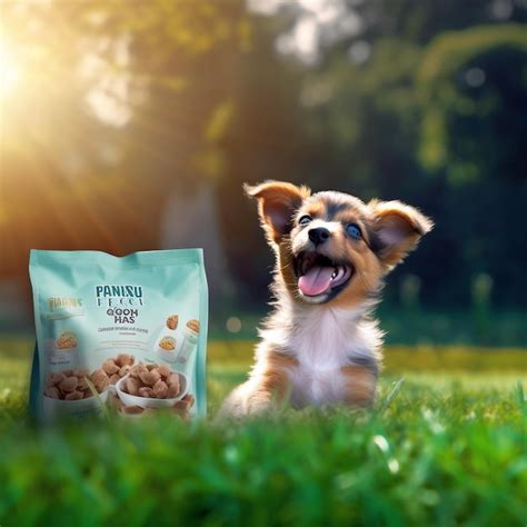 Premium AI Image | A puppy happily playing next to new pet food for dogs