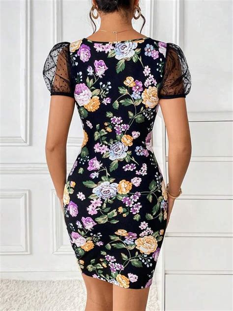 Shein Priv Vestido Ajustado Con Estampado Floral De Malla En Contraste