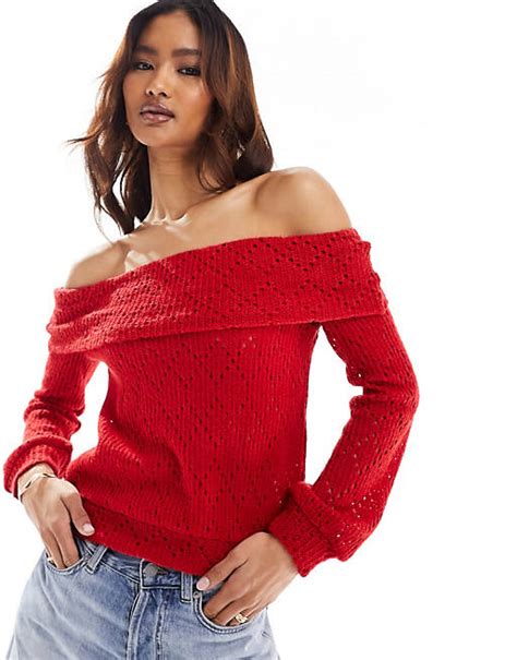 Asos Design Knitted Foldover Slouchy Bardot In Red Asos