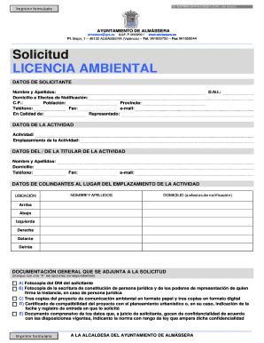 Fillable Online Almassera P 4603200 I Tel Fax Solicitud LICENCIA