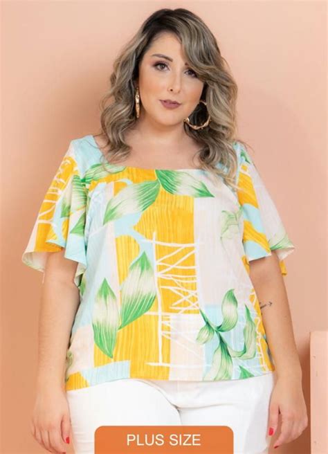 Chic E Elegante Blusa Viscose Ivy Folhas Amarelo Plus Size Blusas