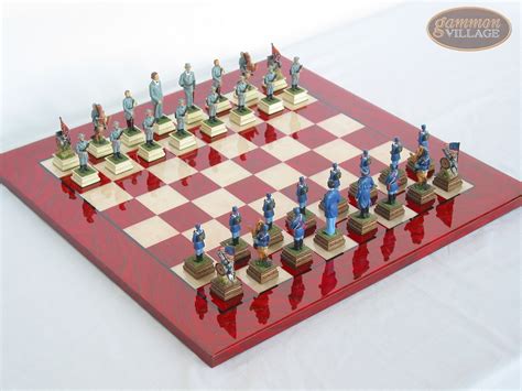 American Civil War Chessmen With Italian Lacquered Chess Board Red