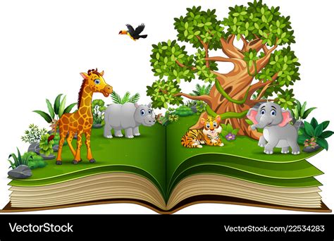 Open book with animals cartoon and big tree Vector Image