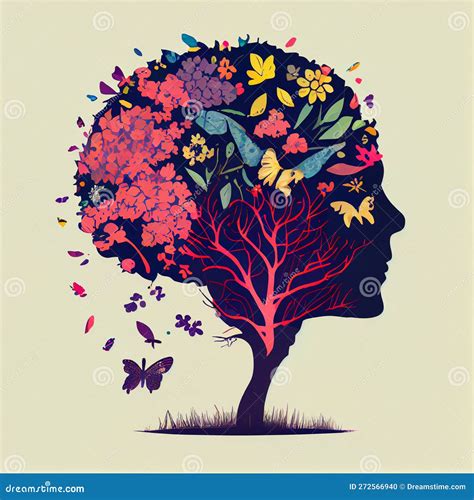 Human Brain Tree With Flowers And Butterflies Concept Of Self Care