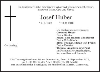 Traueranzeigen Von Josef Huber Trauer Merkur De