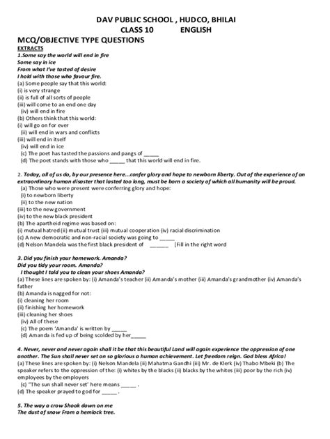 Fillable Online Important Mcq Type Questions Poem Fire And Ice Class 10th Fax Email Print