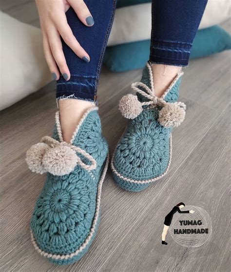 Blue Indoor Slippers Crochet Socks For Women Home Slippers With Pom