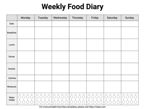 Free Printable Simple Table Style Black And White Weekly Food Diary