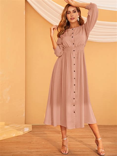 Solid Shirred Button Front Shirt Dress Button Front Shirt Dress