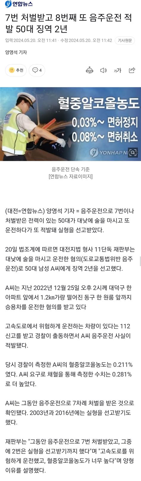 7번 처벌받고 8번째 또 음주운전 적발 50대 징역 2년 정치시사 에펨코리아