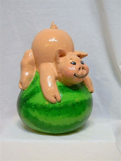 Pig On A Watermelon Gourd Bank Made From A Large Bottle Gourd By