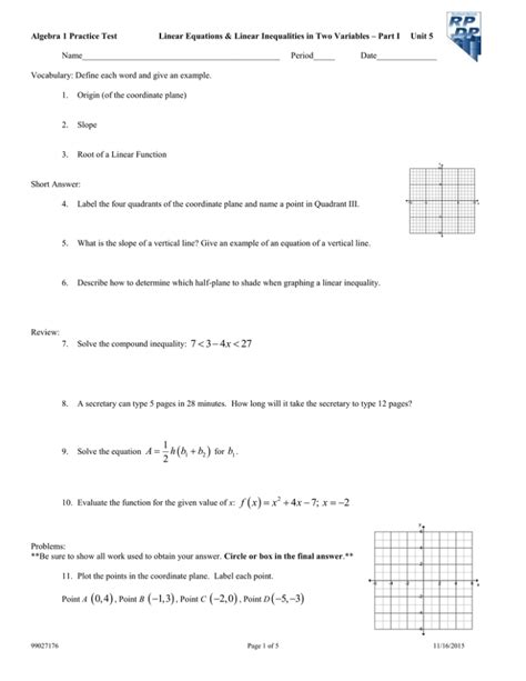 Algebra 1 Practice Test Unit 5