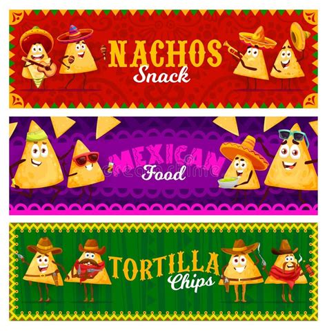cartoon mexican nachos chips characters personages stock vector