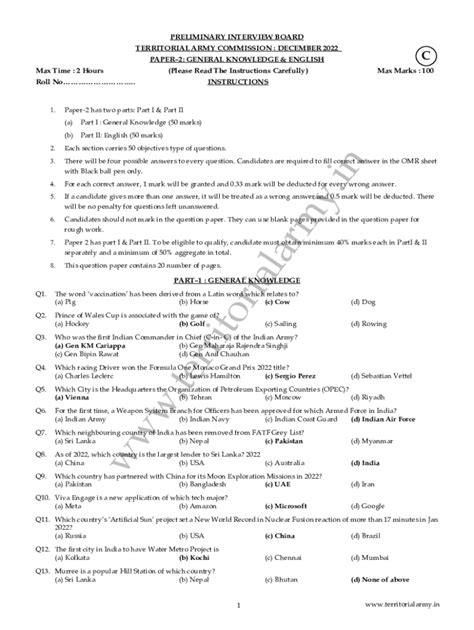 Fillable Online Territorial Army Exam Analysis Answer Key And Expected