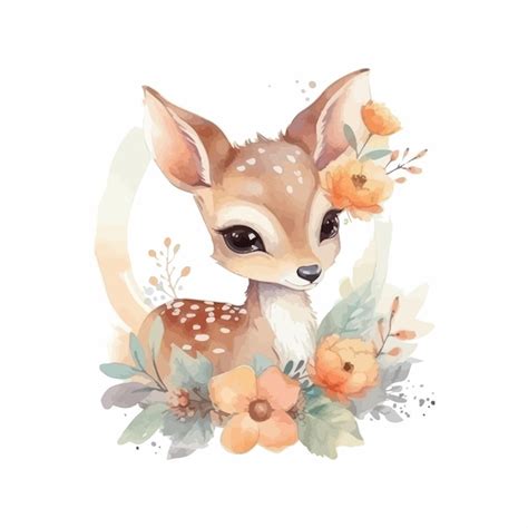 Un mignon bébé cerf avec des fleurs dessin animé fond blanc aquarelle