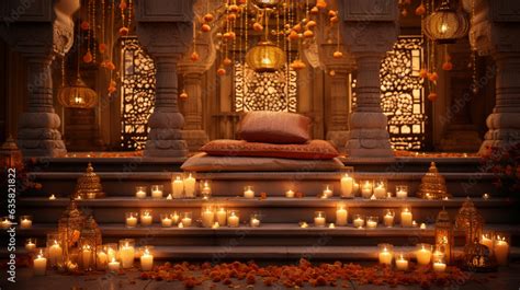 A Beautifully Lit Traditional Indian Home With Flickering Diyas And