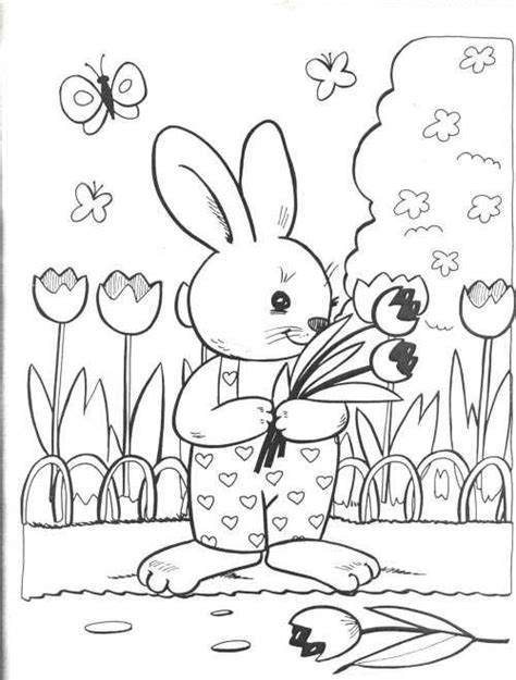 A Coloring Page With A Bunny Holding Flowers