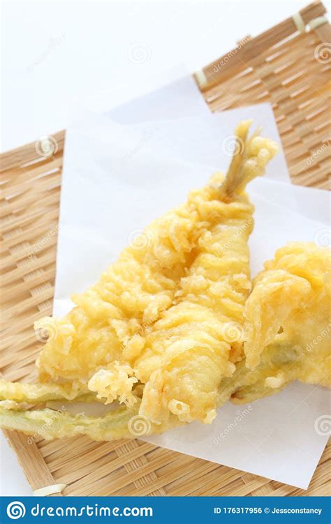 Japanese Food Deep Fried White Fish On Bamboo Basket Stock Photo