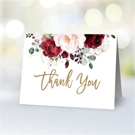 Printable Thank You Card Burgundy Pink Floral Thank You Card Etsy