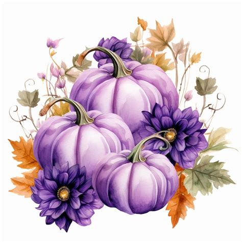 Premium Ai Image Purple Pumpkins And Flowers Are Arranged In A Circle With Leaves Generative Ai