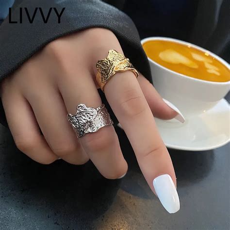 LIVVY Silver Color Minimalist Irregular Adjustable Wide Ring For Women