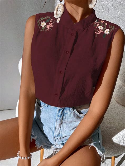 SHEIN Privé Bordado Floral Sem Mangas Botão Frontal Camiseta