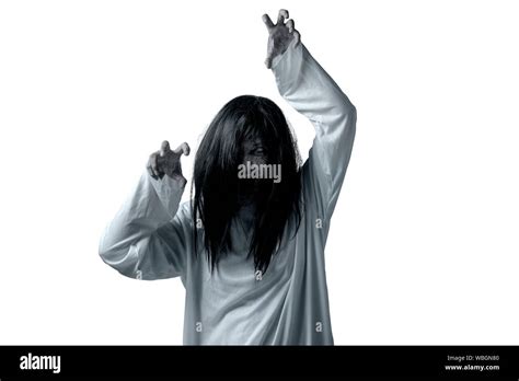 Scary Ghost Woman With Blood And Angry Face With Clawing Hands Isolated