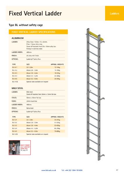 TYPE BL Fixed Vertical Ladder No Safety Cage Bilco UK NBS Source