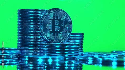 Bitcoins In Blue Light On Green Background Crypto Currency Gold Bitcoin Btc Bit Coin