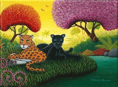 A Painting Of Two Leopards And A Black Cat Sitting In The Grass Near Trees