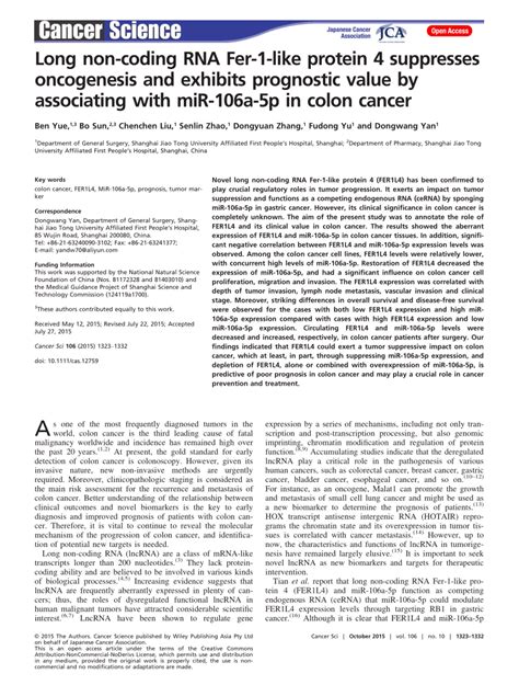 PDF Long Non Coding RNA FER1L4 Suppresses Oncogenesis And Exhibits