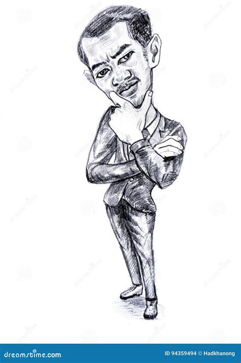 Pencil Drawing Caricature Of Businessman In Ponder Pose On Whit Stock