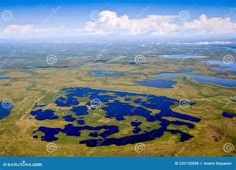 Amazing Summer Arctic Landscape Aerial View Of A Plain With Many Lakes