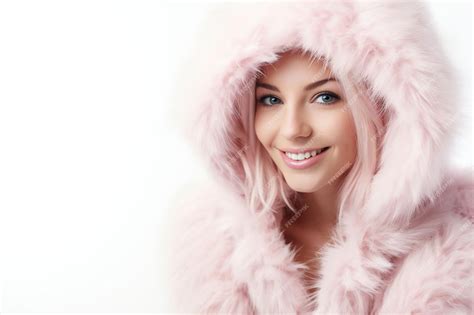 Premium Photo Portrait Of A Beautiful Young Woman In Pink Fur Coat Posing On White Background