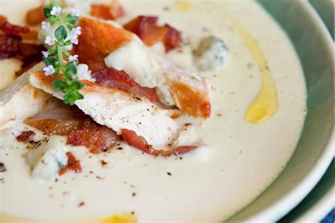 Low Carb Keto Cream Of Cauliflower Soup With Crispy Bacon And Chicken