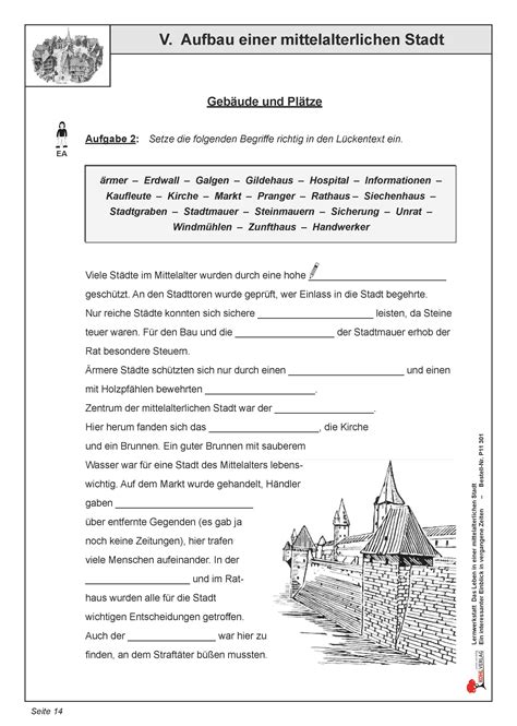 Arbeitsblätter zum Thema Aufbau einer mittelalterlichen Stadt