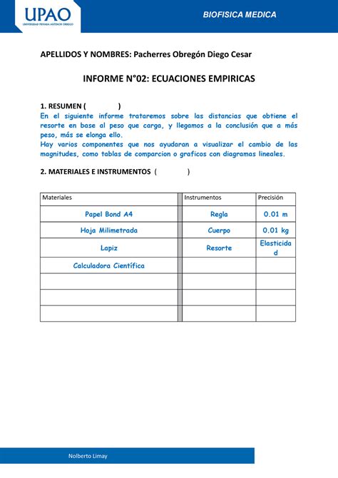 Informe N Ecuaciones Empiricas Biof Sica Upao Studocu