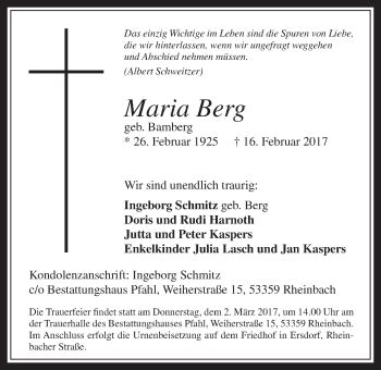 Traueranzeigen Von Maria Berg WirTrauern